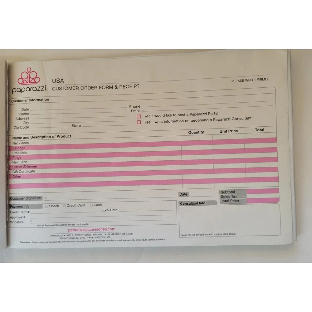 Paparazzi Accessories Customer Order Form Receipt Book Pink Black Business Tool